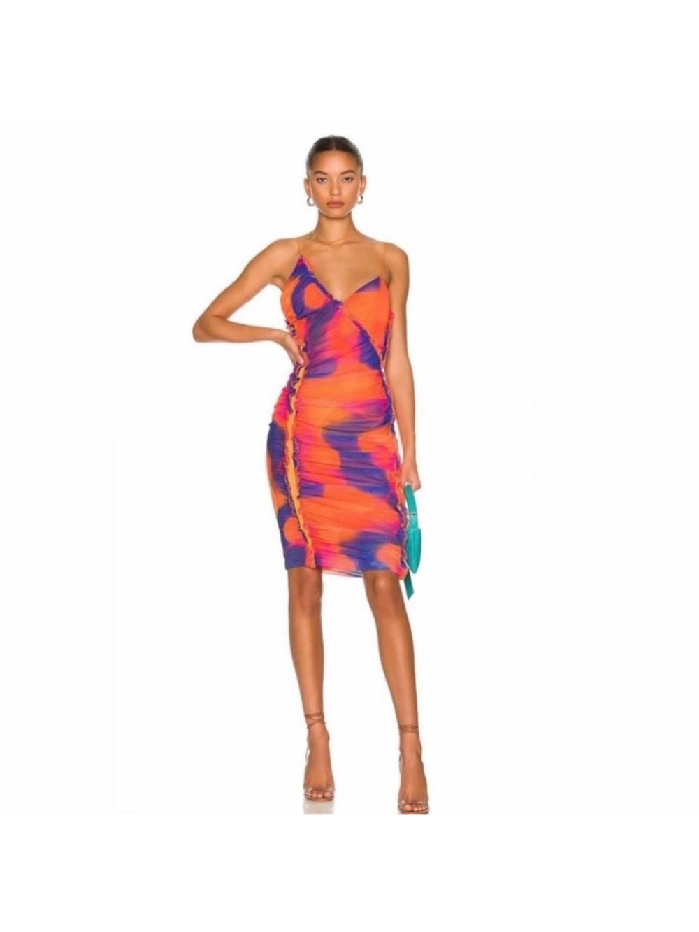 h:ours Orange and Purple Ruched Spaghetti-Strap Midi Dress